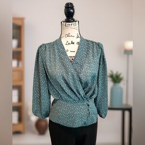 💘Eva Mendes XS, Elegant Teal Polka Dot Wrap Top